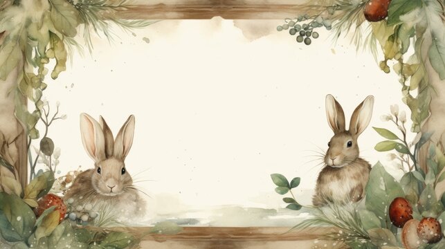 A painting of two rabbits in a garden