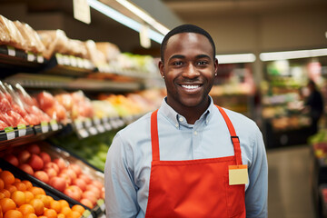 AI generated portrait of joyful salesman cashier serving customers in supermarket - obrazy, fototapety, plakaty