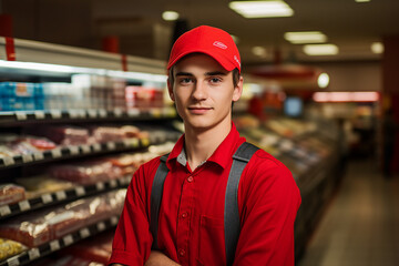 AI generated portrait of joyful happy salesman working in supermarket