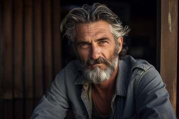 Obraz premium Portrait made with generative AI of a handsome macho man sitting on the street