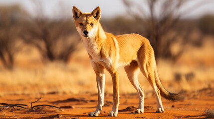 Australian dingo looking for a prey in the middle of the outback in central Australia. generative ai
