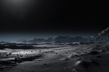 fantastic space landscape of an ice planet, lifeless rocky terrain under the starry sky