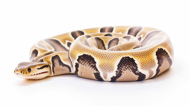 Close up of ball python on white background, non-venomous snake, python regius. generative ai