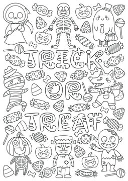 High detail coloring page for adults, teenagers, and children for meditation and stress relief. Cute coloring book for kids and adults. Halloween coloring picture for adult.