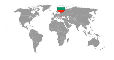 Pin map with Bulgaria flag on world map. Vector illustration.
