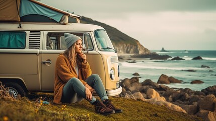 Young woman enjoying her morning coffee outside a retro, vintage camper van, living the van life in scenic beauty - obrazy, fototapety, plakaty