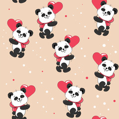 Cartoon panda with heart seamless pattern. Vector cartoon illustration in kawaii style
