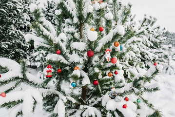 Christmas tree in fluffy snow drifts against background of winter forest, falling snow. Beautiful New Year's with decorated tree with red toys in winter landscape. A Christmas tree in a snowy park.