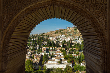 View of The Albaicín district in Granada (Spain), from The Alhambra palace and fortress complex located in Granada, Andalusia, Spain.