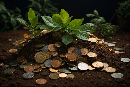 A Pile Of Coins With Plant