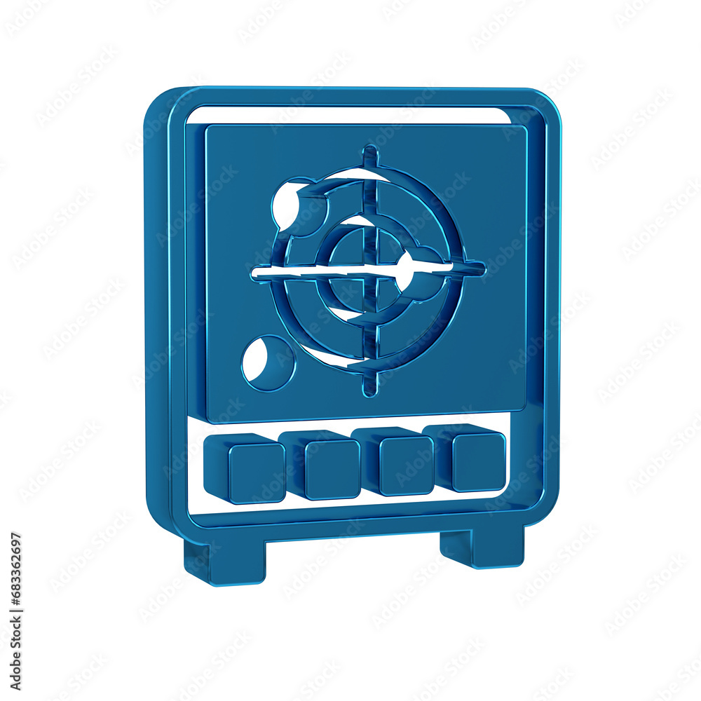 Poster blue radar with targets on monitor in searching icon isolated on transparent background. search syst