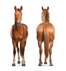 Two American quarter horse, direct front and back view, isolated