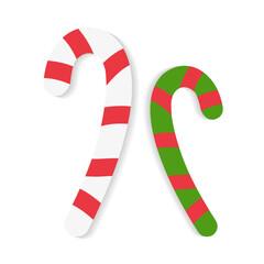 Christmas sugar sticks, Sweet holiday dessert, candies, lollipops, traditional New Year's treat. Flat vector illustration in simple style on white background