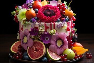 Obraz na płótnie Canvas Tropical-themed birthday cake covered in vibrant edible flowers and slices of juicy fruit, Generative AI