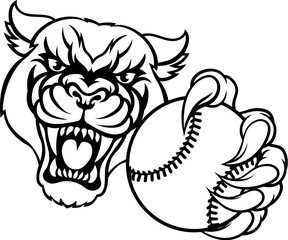 A panther cougar or jaguar cat animal sports mascot holding baseball or softball ball
