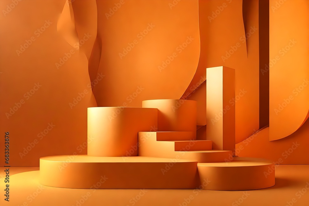 Poster generate a 3d rendering of an orange podium set against a minimalistic abstract background.