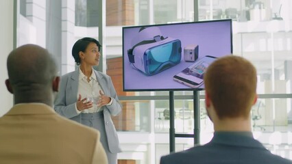 Woman working in technology development field talking giving public speech about new product ideas