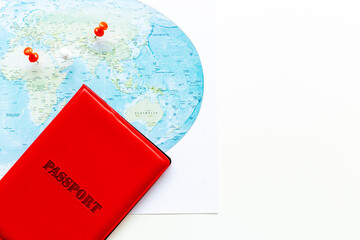 Passport on world map, vacation trip concept. Planning travel