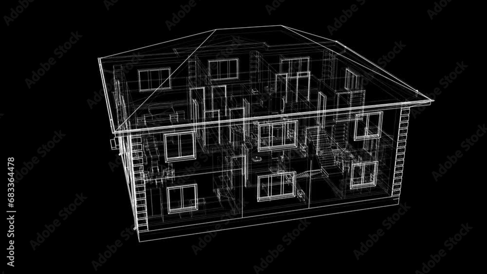 Poster an animated drawing of a house rotates on its axis