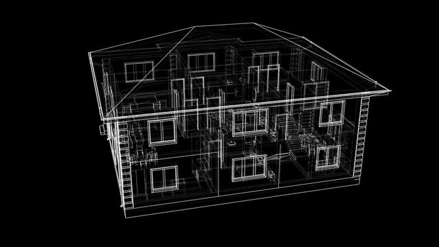 An animated drawing of a house rotates on its axis