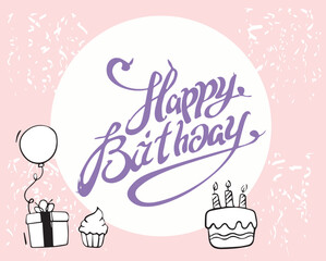 Happy birthday design.pink and white with white balloon and cake.