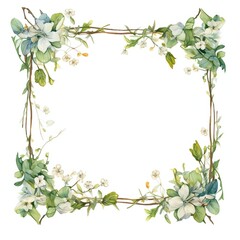 Obraz na płótnie Canvas Illustration of Wooden picture frame, covered with leaves and flowers, with a white background, high detail, hyper quality