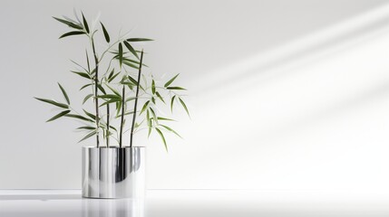 A bamboo plant, symbolizing growth and prosperity, presented in a shiny metallic silver pot, illuminating gracefully on a clean white canvas.