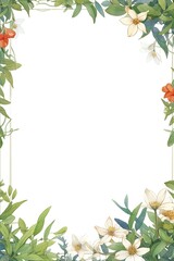 Illustration of Wooden picture frame, covered with leaves and flowers, with a white background, high detail, hyper quality