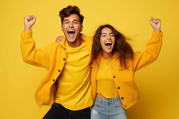 Fototapeta na wymiar Image of happy young people man and woman in basic clothing throwing up arms with puzzlement, isolated over yellow background