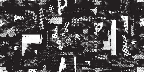 Glitch distorted grungy abstract forms . Halftone dots seamless pattern texture. Grange shapes .Grunge textured . Vector shapes with half tone dots .Screen print endless pattern texture