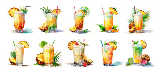 Watercolor coctail pina colada pineapple isolated - obrazy, fototapety, plakaty