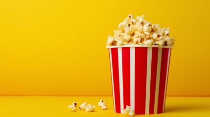 a bucket of popcorn on a yellow background - obrazy, fototapety, plakaty