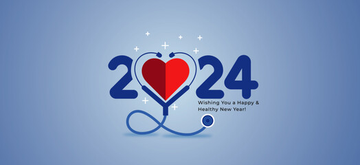 2024 happy new year greeting card design of healthcare clinic, hospital concept with heart and stethoscope on background. 2024 year wishing you a happy and healthy new year healthful year concept - obrazy, fototapety, plakaty