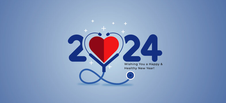 2024 happy new year greeting card design of healthcare clinic, hospital concept with heart and stethoscope on background. 2024 year wishing you a happy and healthy new year healthful year concept