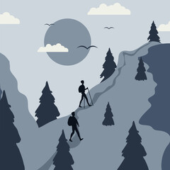 Nature landscape can used travel agency banner, poster, flyer. Hiking Travel design with Mountains and walking person silhouette. Vector illustration with Abstract in asian style.