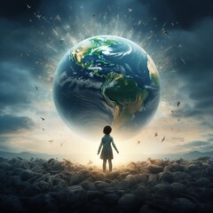 Small child front of glowing earth fantasy background image AI generated art