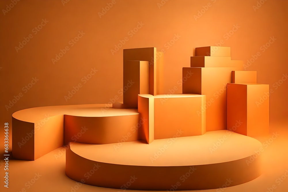 Poster generate a 3d rendering of an orange podium set against a minimalistic abstract background.