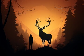 a man standing in front of a large deer in the woods