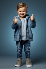 Baby boy smiles and shows thumbs-up, studio shooting for advertising