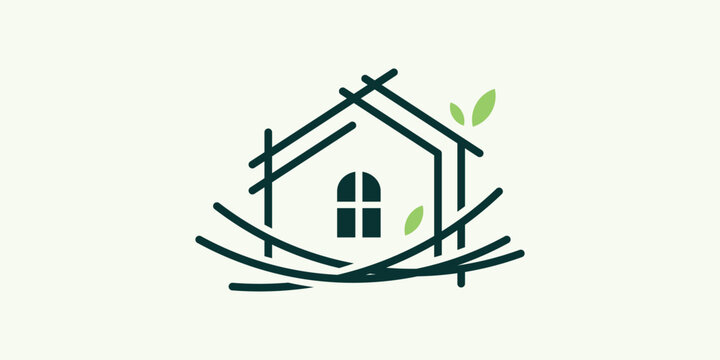 logo design combining the shape of a house with a nest, minimalist logo.
