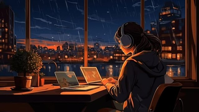 Cool Lofi girl playing laptop at her desk. Rainy or cloudy outside the window. Seamless looping video background animation. Generated with AI