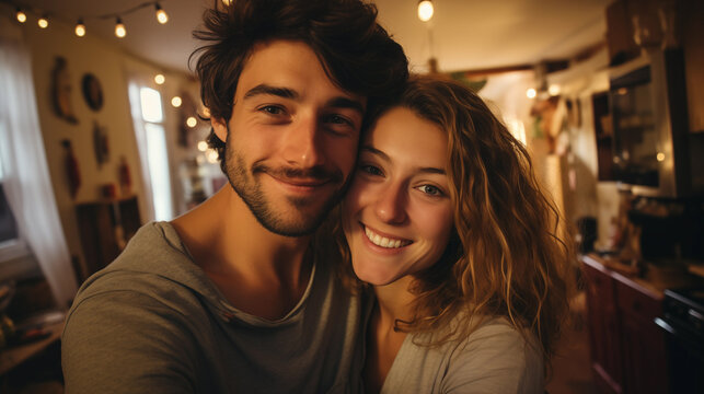 Portrait of couple embracing each other at home