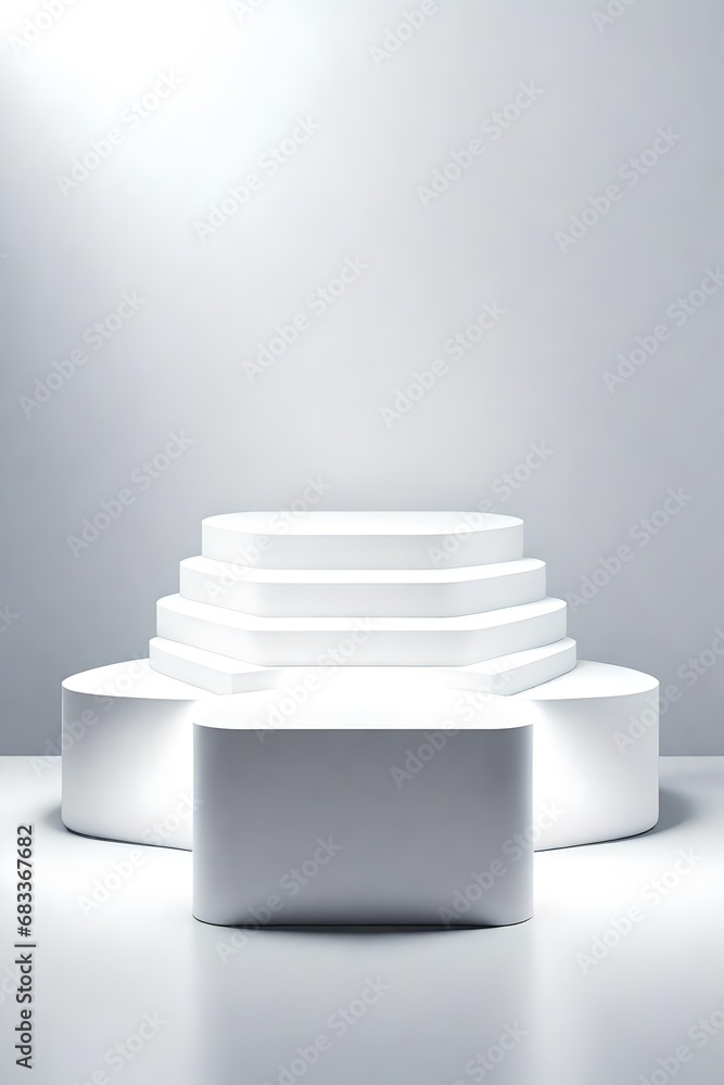 Poster create a stunning 3d podium scene featuring a sleek, modern design, with three empty spaces for prod