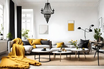 sofa with pillows and dark yellow blanket in bright living room interior with black chandelier