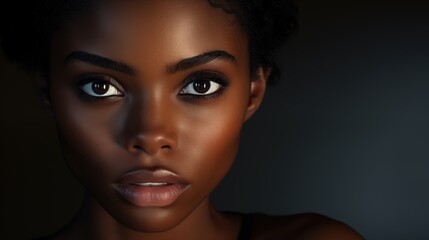 Beauty, portrait and natural face of black woman with healthy skin texture touch. Aesthetic, Beauty portrait of African American girl, skin care and spa, Facial treatment, generative ai