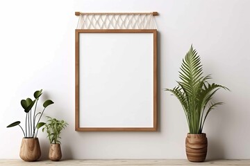 Interior poster mockup with vertical wooden frame on empty white wall decorated with plant branch and hanging macrame pot - obrazy, fototapety, plakaty