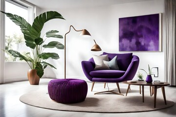 modern living room where a sleek floor lamp, a vibrant potted monstera plant, a dry flower in a vase on a round luxury table, and a stylish wooden lounge chair with royal purple cushions.