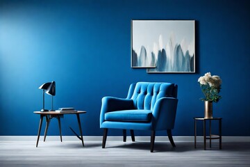 Elegant home design with a blue armchair against a blue wall in the living room