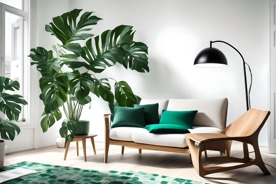 modern living room where a sleek floor lamp, a vibrant potted monstera plant, and a stylish wooden lounge chair with emerald green cushions are strategically arranged against a clean white wall. 