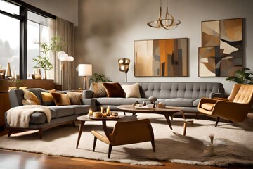 a modern living room in a mid-century modern-style home, emphasizing the use of neutral earth tones, sleek furniture, a fur blanket on a grey sofa near a coffee table with candles against the window.